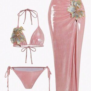 Pink Elegant Women's High-End Shiny Sequin Bikini Push-Up Suit